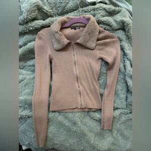 Fashion Nova Beige Fleece Collar Zip Up Sweater